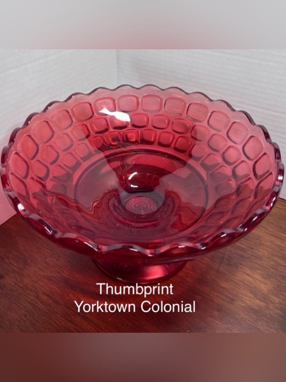 Vintage Federal Glass Yorktown Colonial Ruby Red Thumbprint Footed Bowl 10”